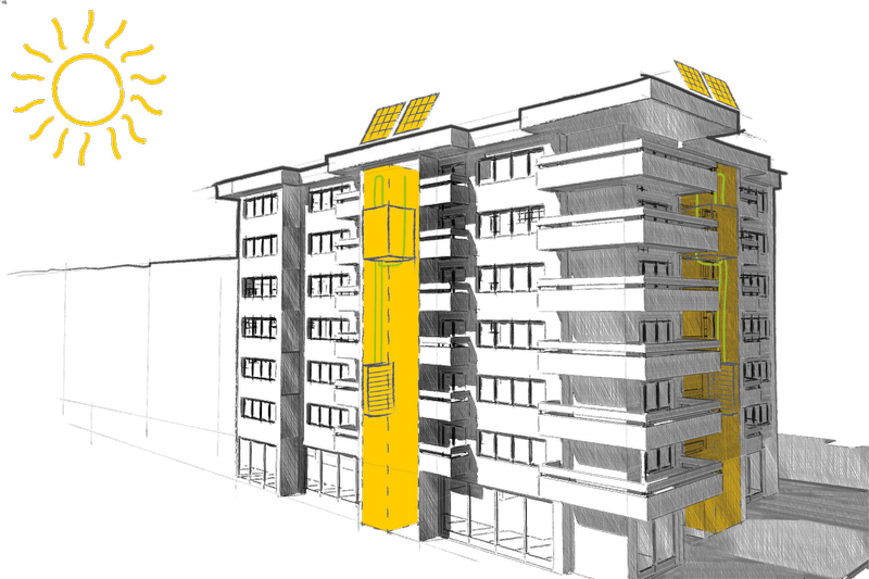 dessin d'un bâtiment écologique blanc et jaune.